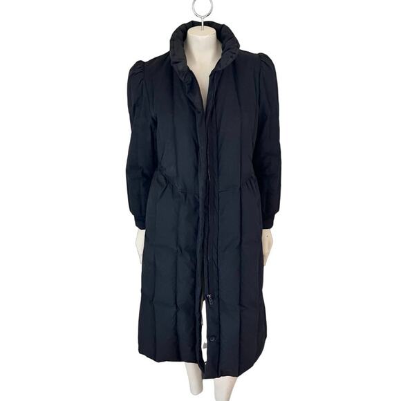 VTG 80s Puff Shoulder Full Zip Down Feather Puffer Coat in Black SZ 10 - Picture 1 of 13